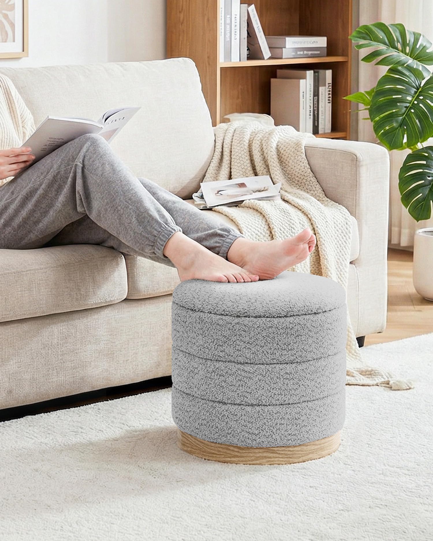 Bonlife Round Chenille Storage Ottoman, Folding Footstool with Table Top, 39X39X37cm, Load Capacity 120kg, for Living Room Bedroom Hallway