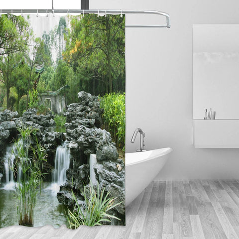 SATOHA Shower Curtain Rockery Flowing Water Waterproof Moistureproof Green Plant Garden Bathroom Bath Curtains Decoration 183x183cm