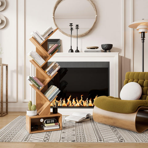 YMYNY 6 Tier Tree Bookshelf, Tall Bookcase, Wood Book Storage Rack with Drawer, Modern Floor Standing Book Shelf for Books/Movies/CDs