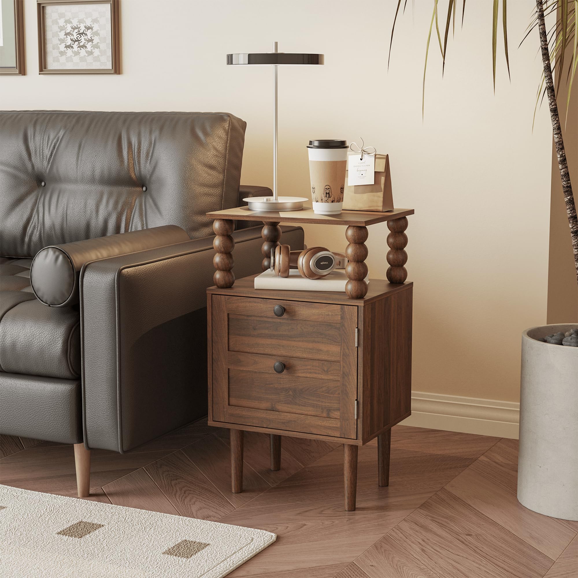 JERX Wooden Bedside Table, Nightstand with Storage Drawer and Open Wood Shelf, for Living Room, Bedroom and Small Spaces Walnut Brown