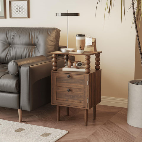 JERX Wooden Bedside Table, Nightstand with Storage Drawer and Open Wood Shelf, for Living Room, Bedroom and Small Spaces Walnut Brown