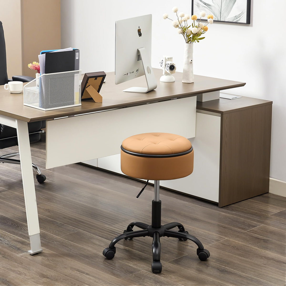 FIRAVOE Drafting Chair with Wheels (Stool & Small Table in One) (Adjustable Office Chair 52.5–62.5 cm), Caramel Brown Rolling Stool with Storage
