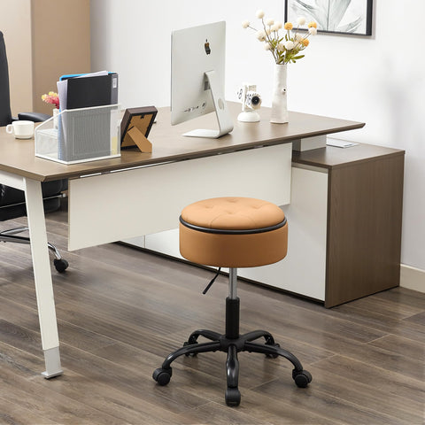 FIRAVOE Drafting Chair with Wheels (Stool & Small Table in One) (Adjustable Office Chair 52.5–62.5 cm), Caramel Brown Rolling Stool with Storage