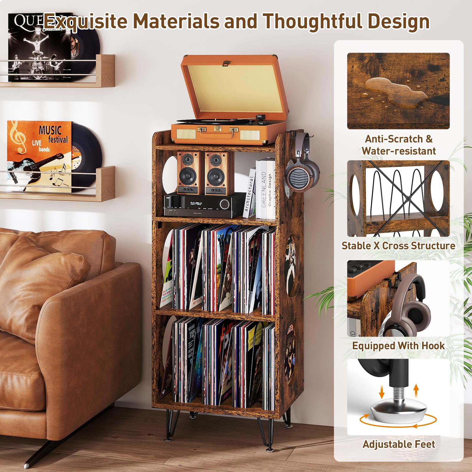 ikkle Record Player Stand, 4 Tier Vinyl Storage Cabinet with Hollow Design