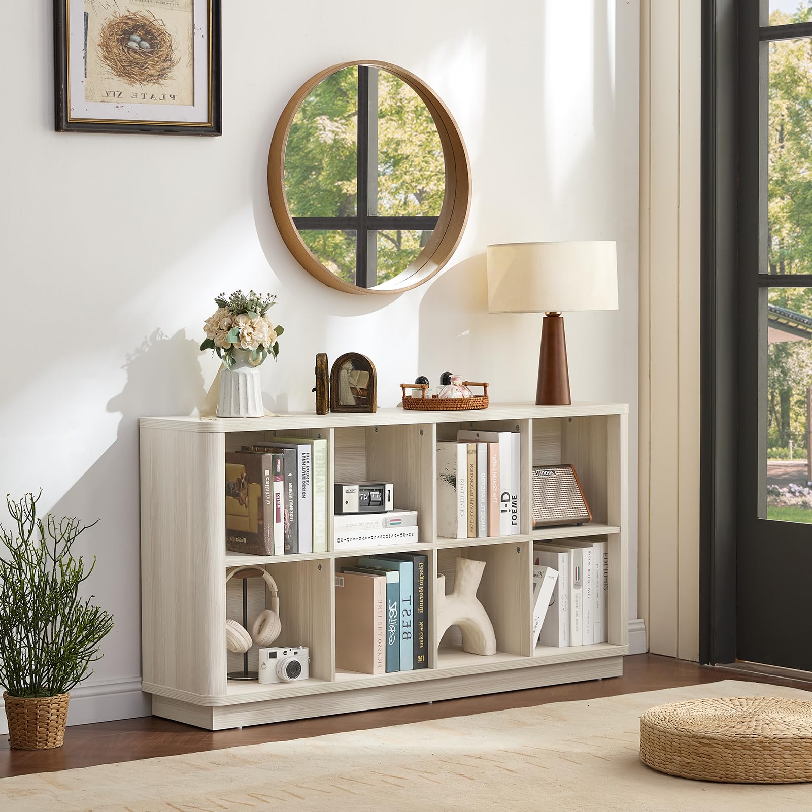 LELELINKY 8 Cube Storage Bookcase, 53" Wide Wooden Book Shelf with Thickened Base, Freestanding 2-Tier Open Book Case Unit with Curved Edge