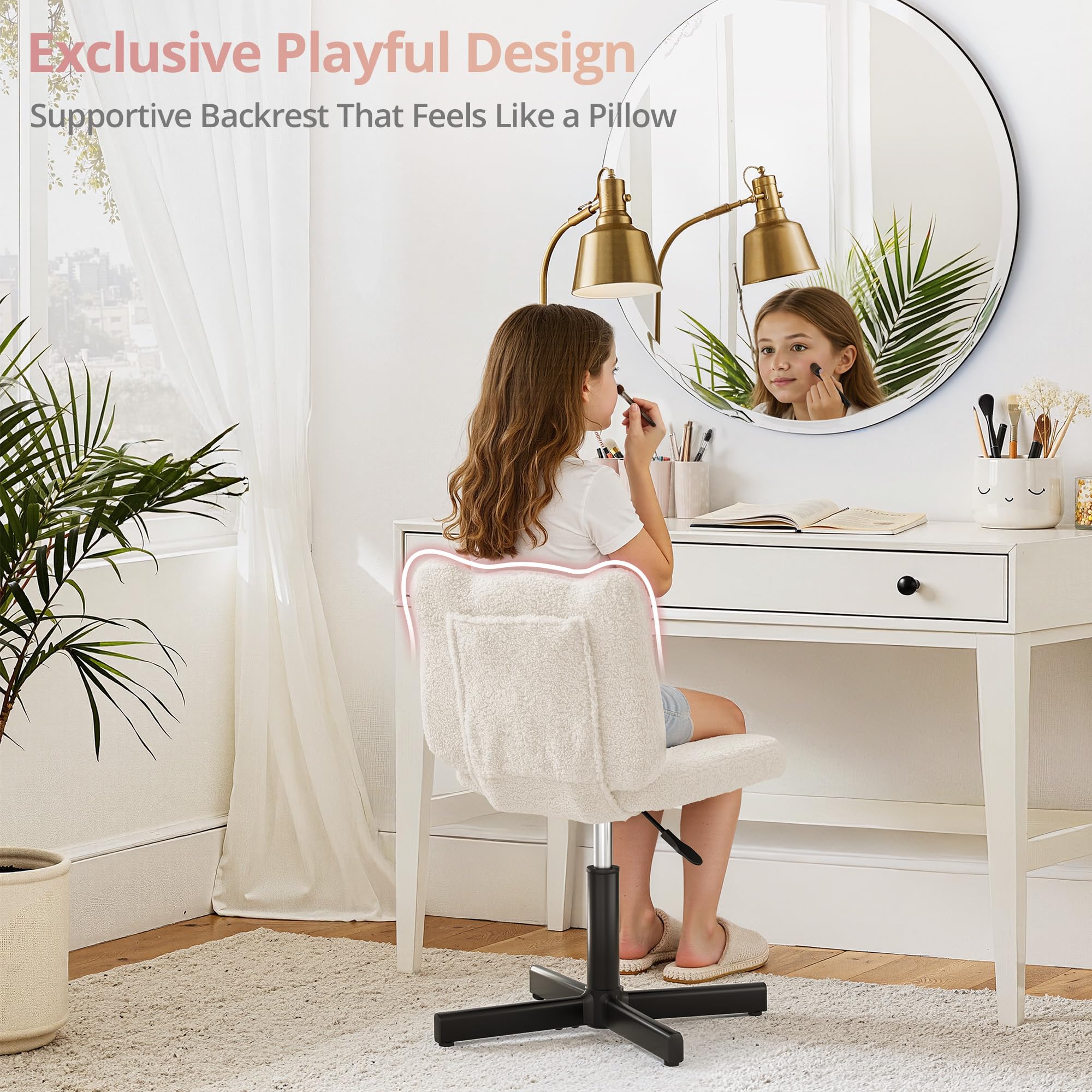 LUE BONA 360° Swivel Vanity Stool with Bear Ear Backrest, Height Adjustable Teddy Velvet Dressing Table Chair, Beige