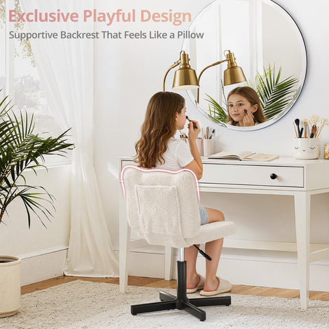 LUE BONA 360° Swivel Vanity Stool with Bear Ear Backrest, Height Adjustable Teddy Velvet Dressing Table Chair, Beige