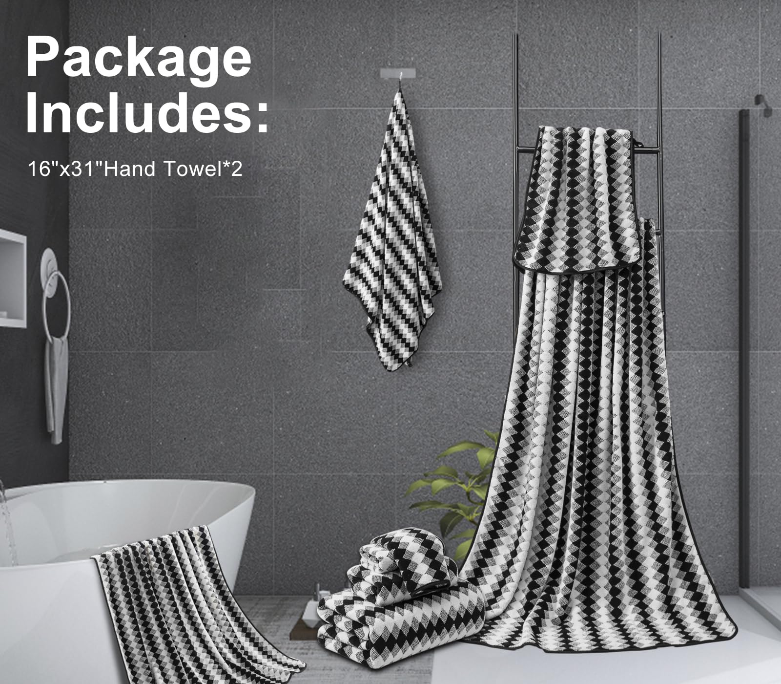 MAGGEA 2 Hand Towel Set 16"x31" Black White Towel Set for Bathroom,Highly Absorbent & Quick Dry Hand Towel for Daily Use,Soft Microfiber Multipurpose