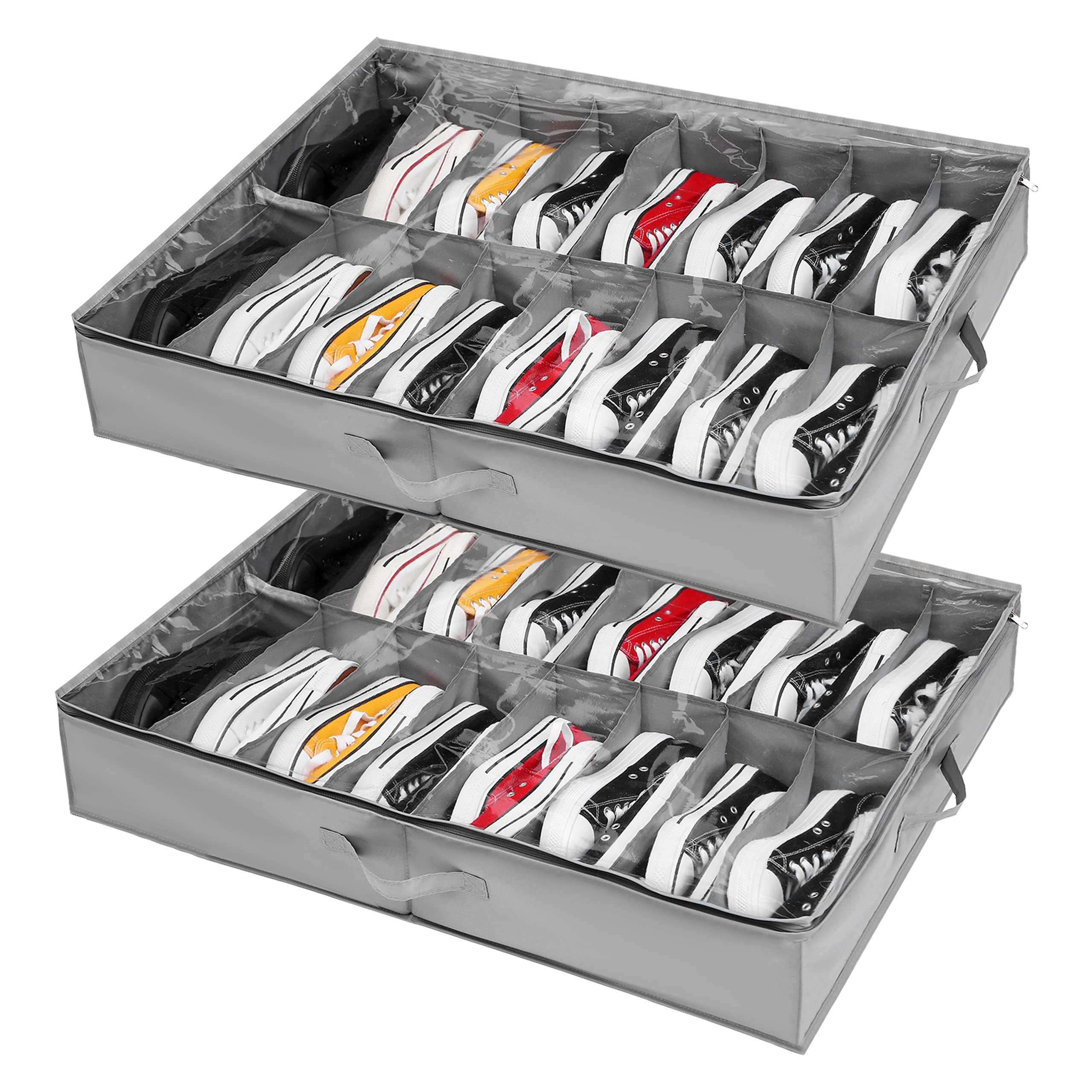 Under Bed Shoe Storage Organiser Set of 2, Fits 32 Pairs Total, Underbed Shoe Box/ Containers w/ Reinforced Handles