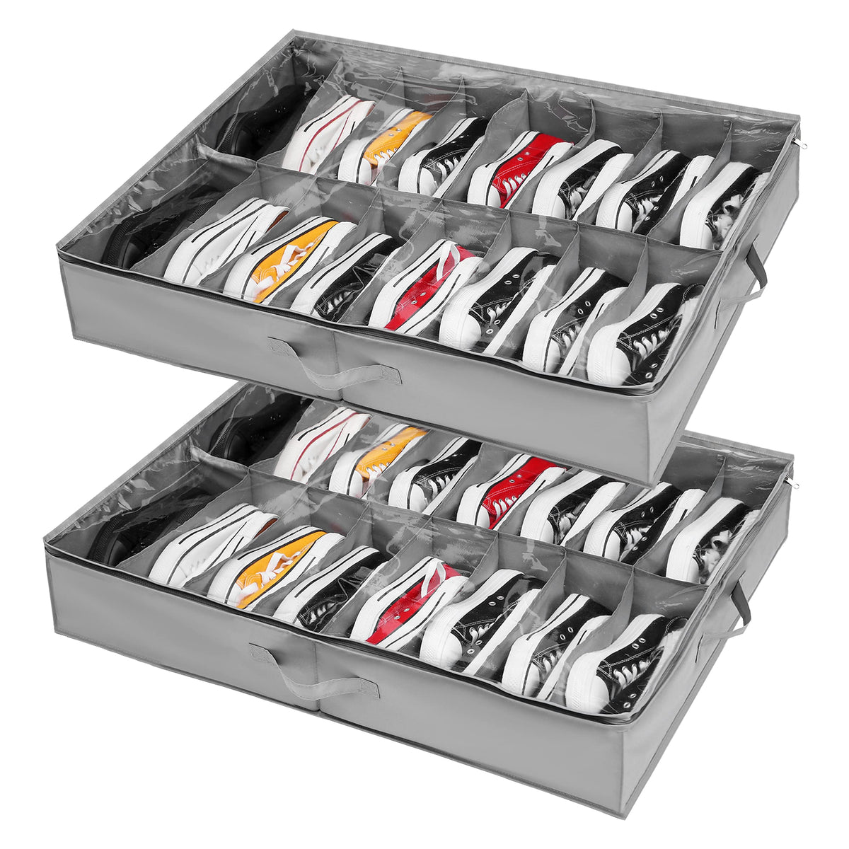 Under Bed Shoe Storage Organiser Set of 2, Fits 32 Pairs Total, Underbed Shoe Box/ Containers w/ Reinforced Handles