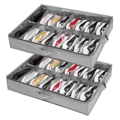 Under Bed Shoe Storage Organiser Set of 2, Fits 32 Pairs Total, Underbed Shoe Box/ Containers w/ Reinforced Handles