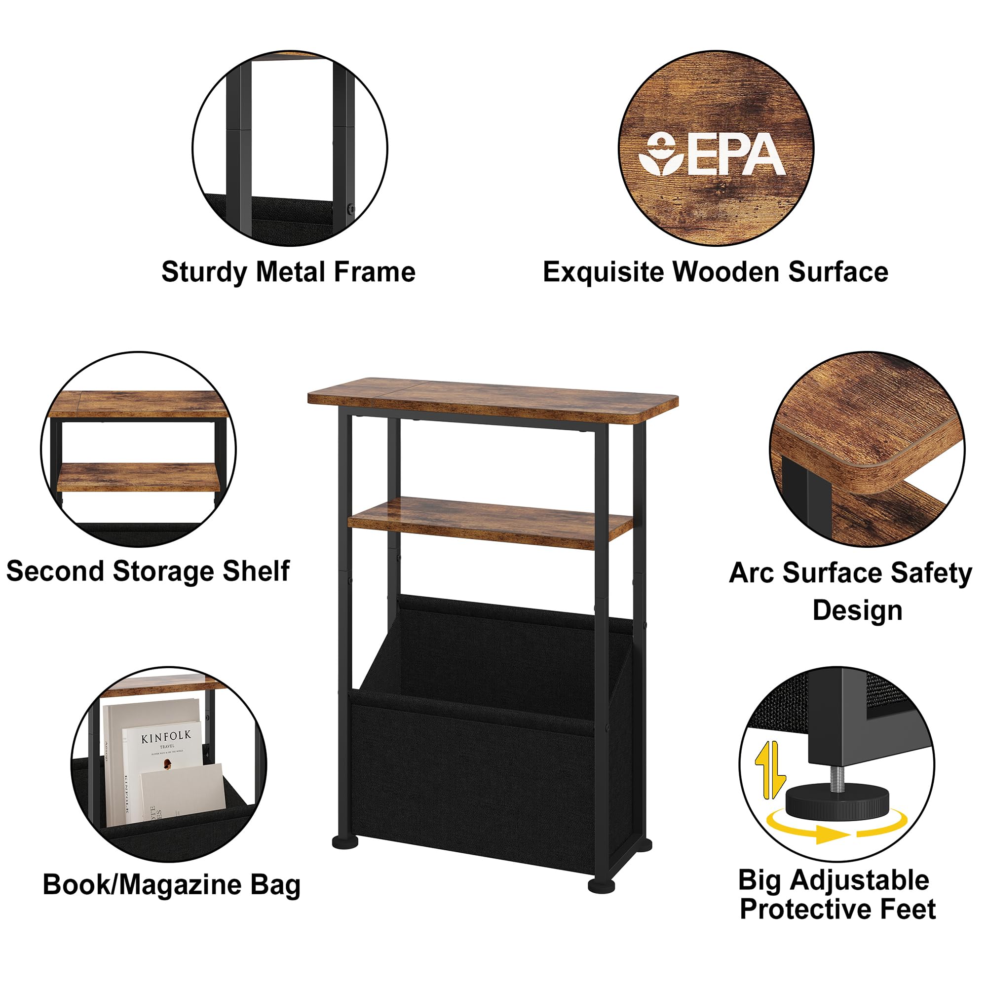 Yusong Narrow Side Table for Small Spaces, Skinny End Table with Storage Basket, 3 Tier Slim Sofa Couch Bedside Table, Thin Nightstand for Bedroom