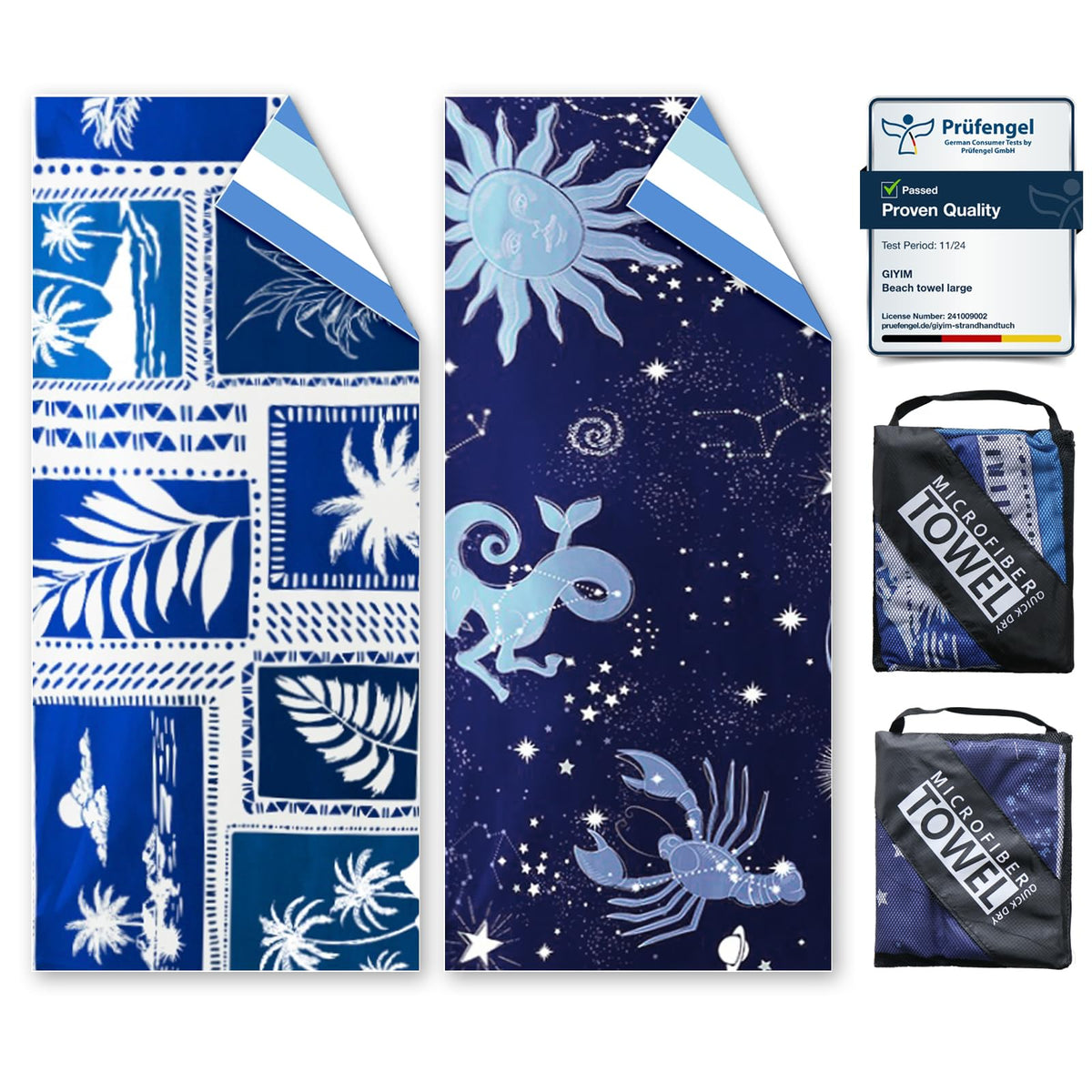 Beach Towels For Adults Extra Large - 2 Pack 200x90cm Lightweight microfibre beach towel with Mesh Bags