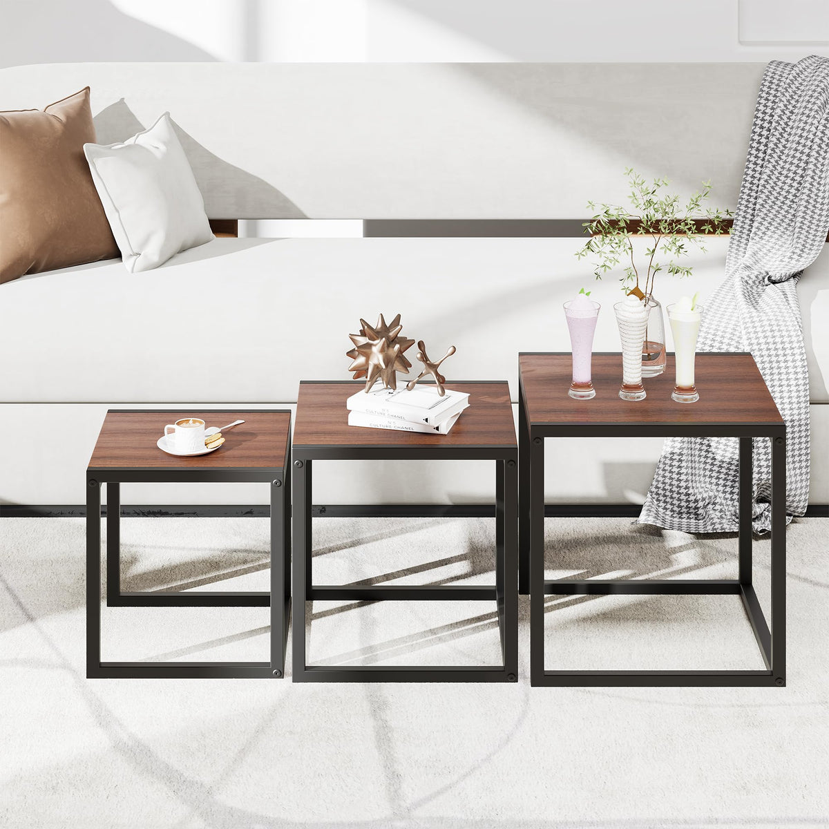 DUMEE Nesting Coffee Tables Set of 3,Sofa End Tables,Nest of Tables Walnut