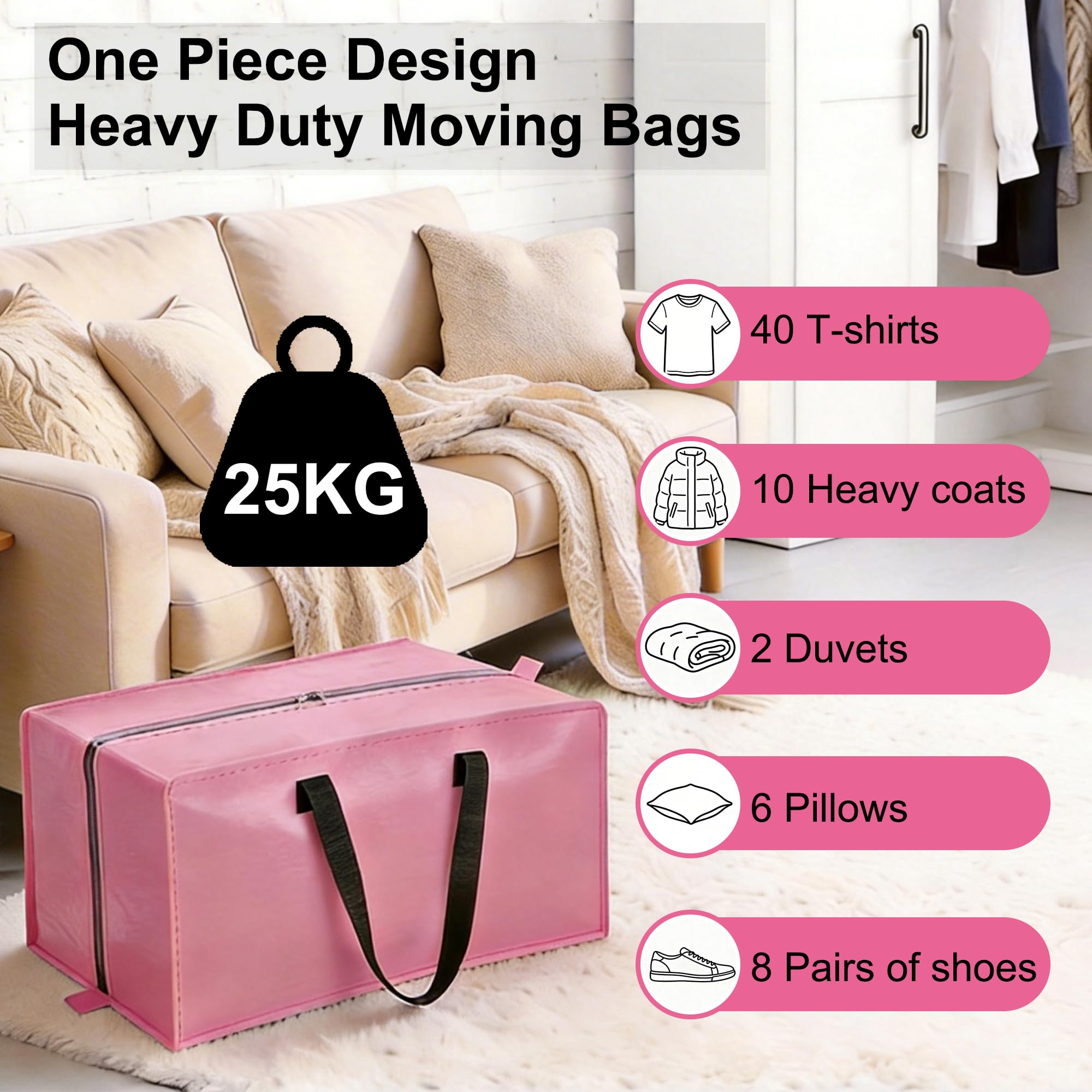 SANNAX 6 Pack 83L Pink Moving Bags, Foldable Storage Bags with Double Zips
