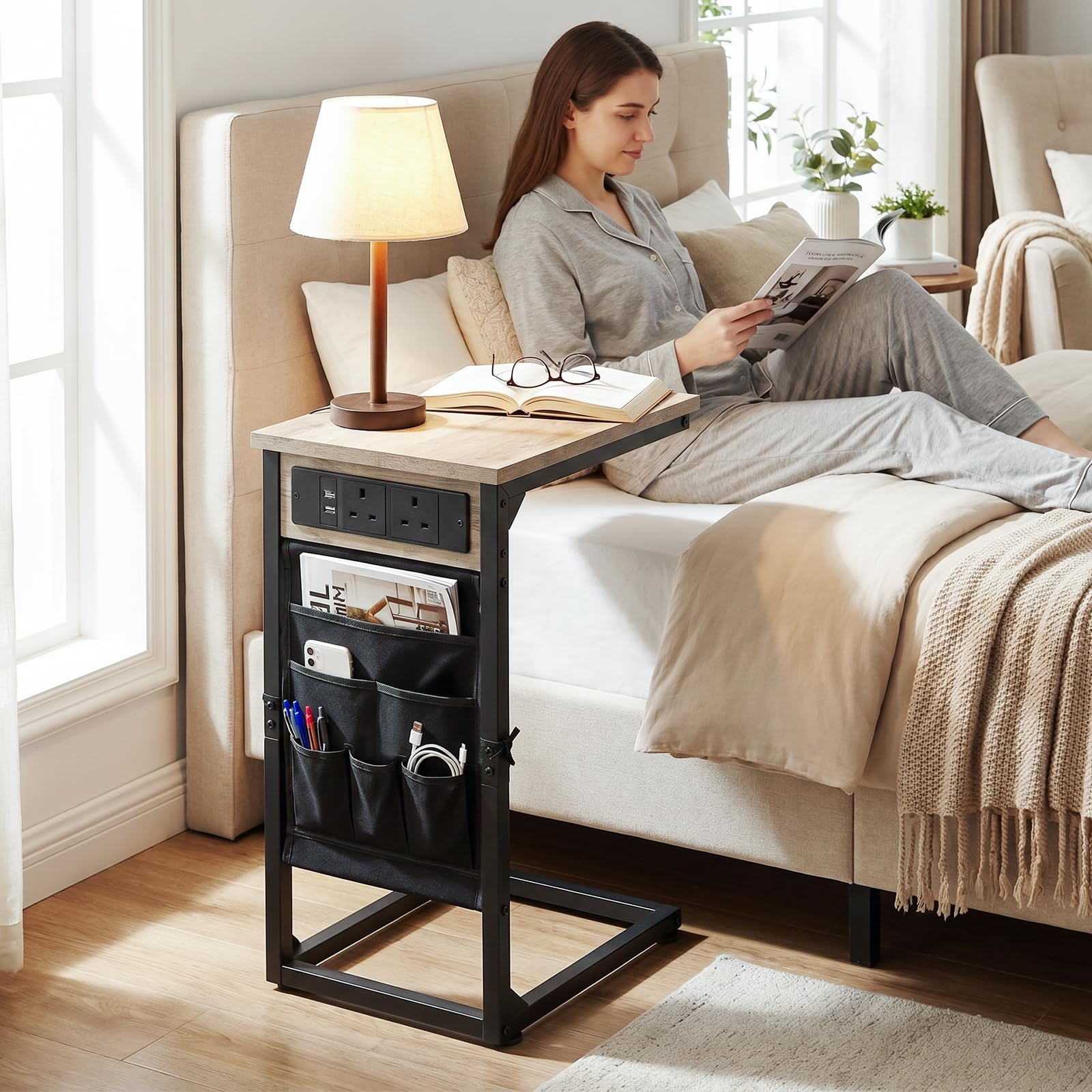 AMHANCIBLE C-Shaped Side Table, Side Table with Charging Station