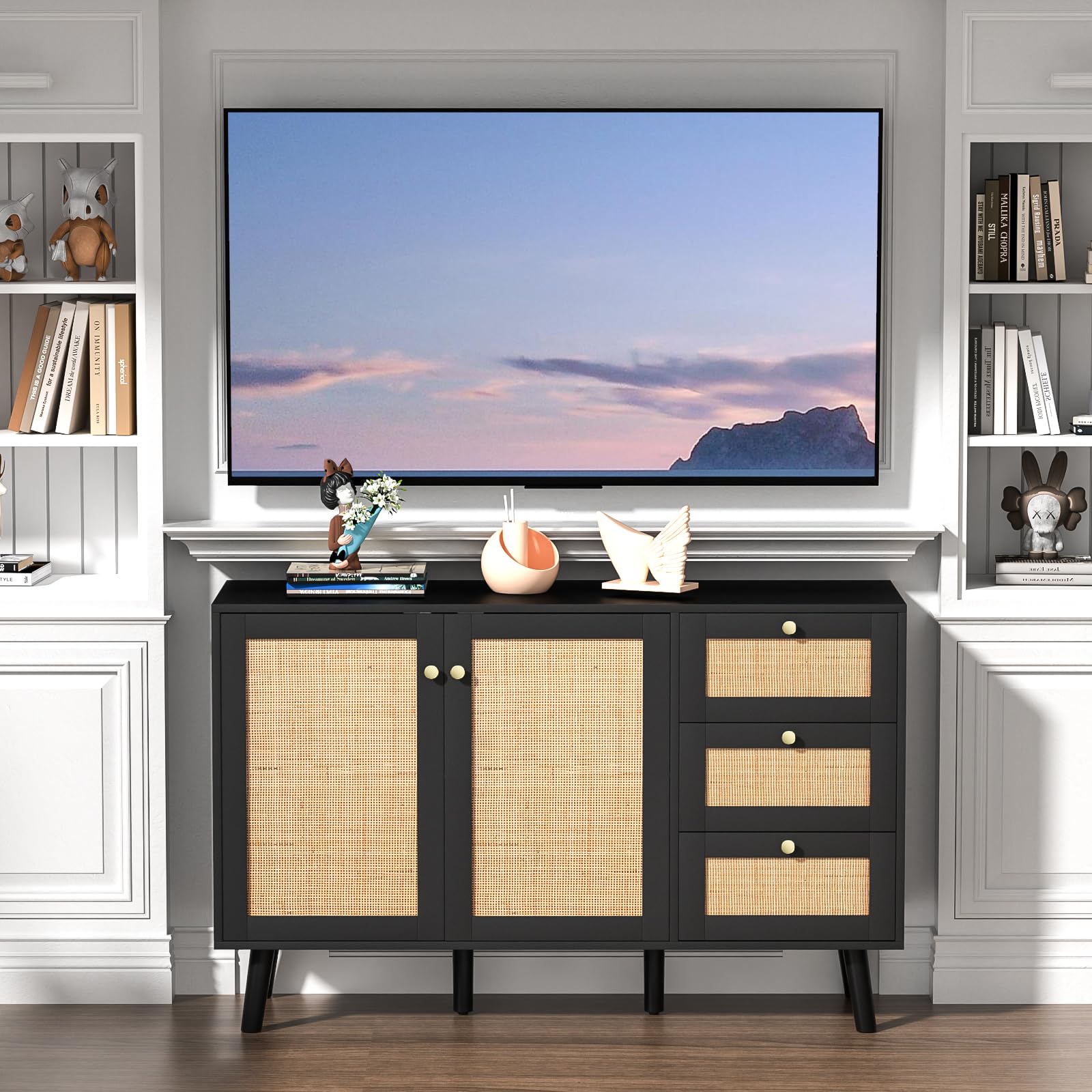 Skokliz Sideboard, Modern Storage Cabinet with 3 Drawers, Buffet Storage Cabinet 2 Doors and Adjustable Shelves