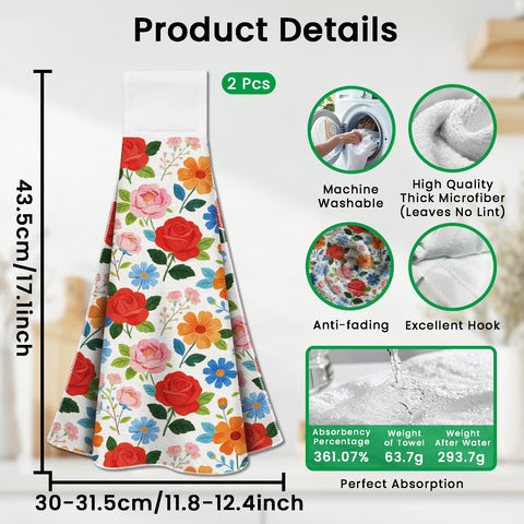 CUTHOLLOW 2 Pcs Various of Flower Hanging Kitchen Towels with Loop