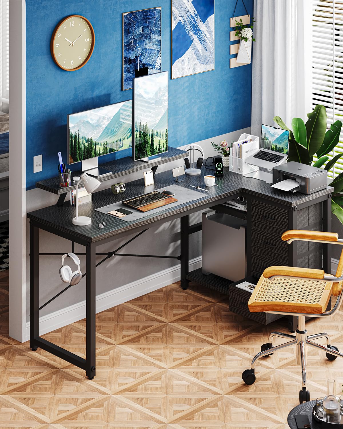 JUMMICO L Shaped Desk with 4 Drawers,140x80cm Computer Corner Desks with Power Outlets & USB Charging Port