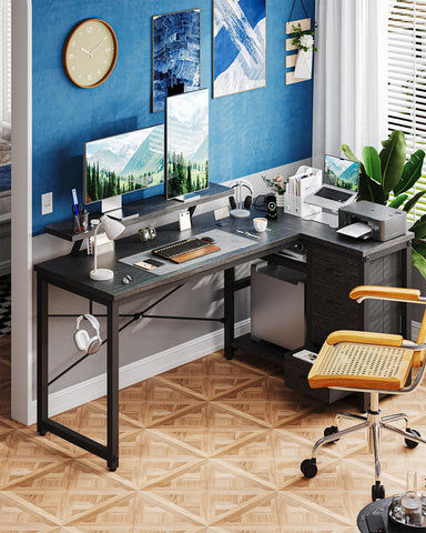 JUMMICO L Shaped Desk with 4 Drawers,140x80cm Computer Corner Desks with Power Outlets & USB Charging Port