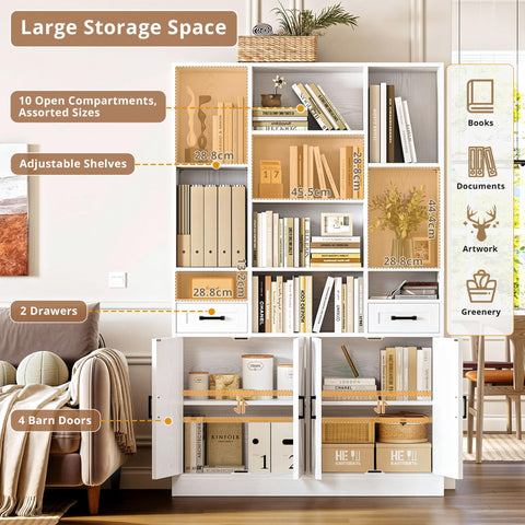 IRONCK Bookcase Bookshelf with Doors & Drawers 190cm Tall Living Room Bookcases,10 Multi-Size Open Compartments, Free Standing Display Shelf