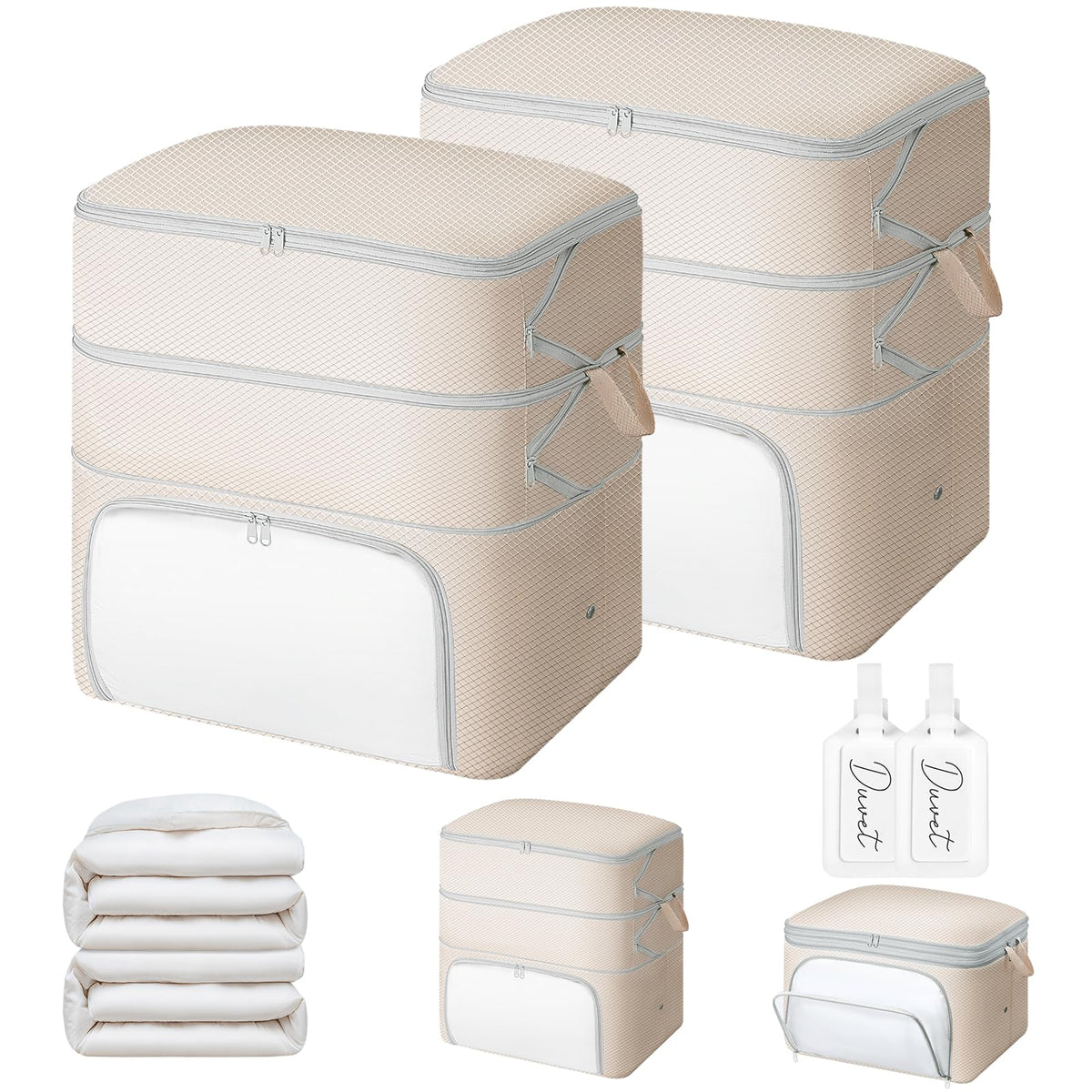 DIMJ Compression Duvet Storage Bags - 2 Pack 260L Self Large Compress Bags Bedding Box with Clear Front-Opening Window Dual Handles and Labels for