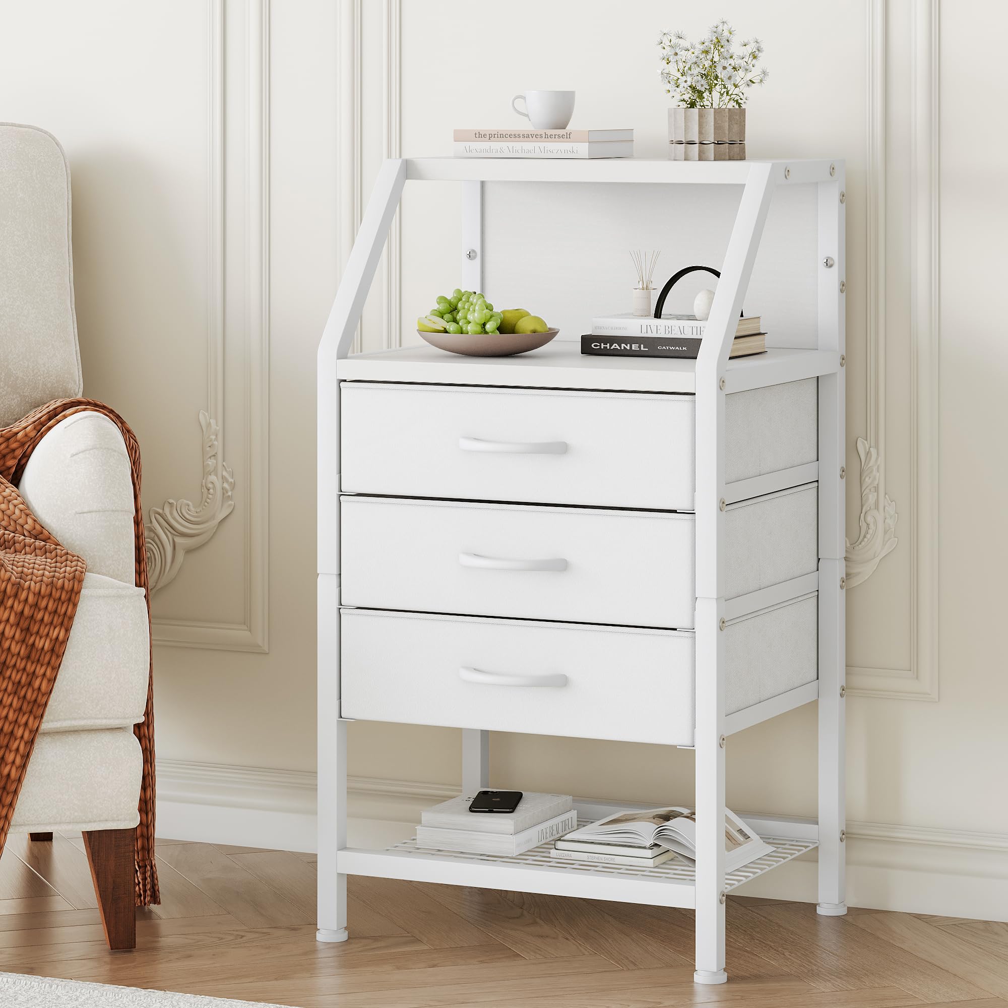 Feonase Bedside Table Wide with 3 Fabric Drawers & Open Shelf Suitable For Bedroom Bed Side Tables, Sofa Side Tables