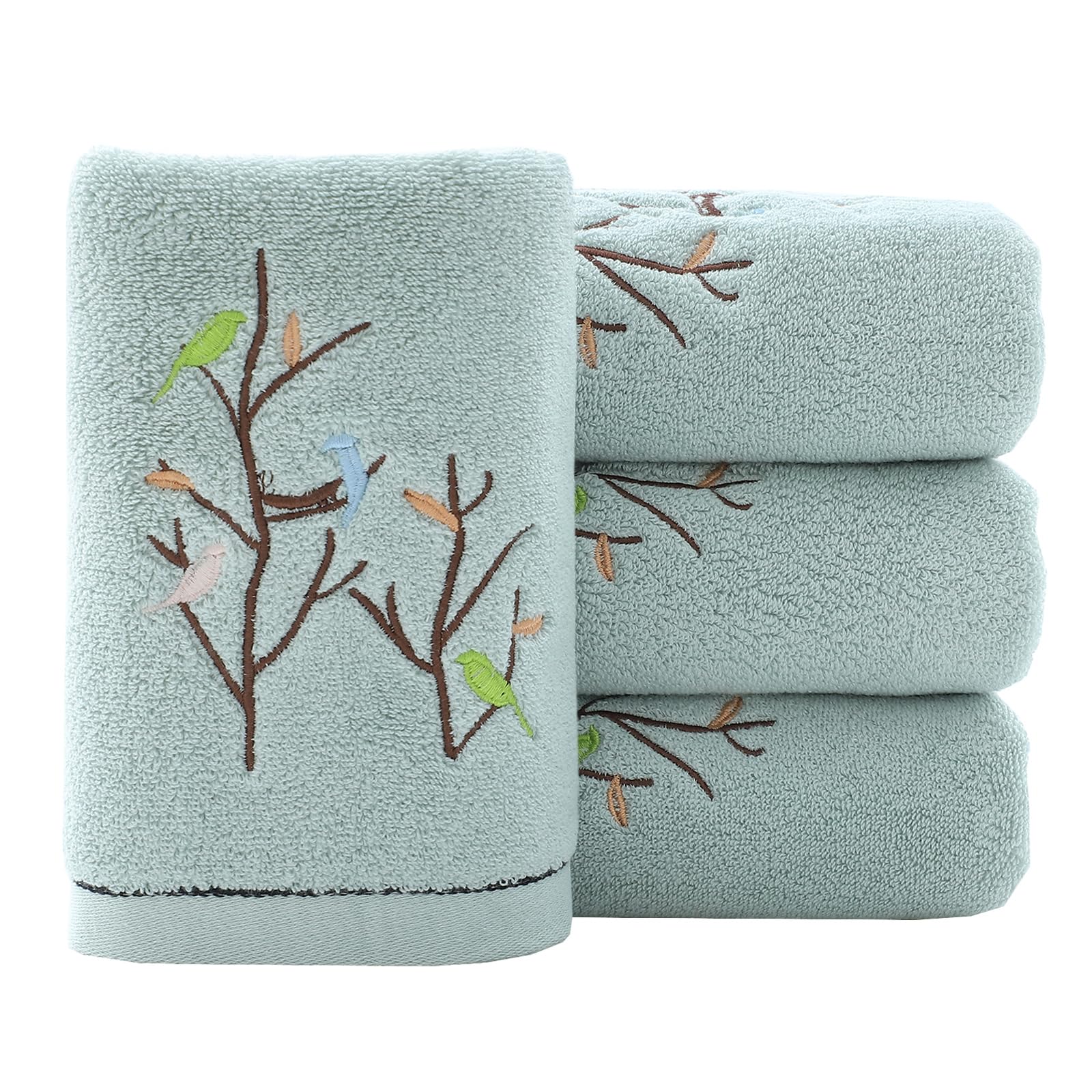 Pidada Hand Towels Set of 4 Embroidered Bird Tree Pattern 100% Cotton Absorbent Soft Decorative Towel for Bathroom 35 x 75 cm (Aqua Green)