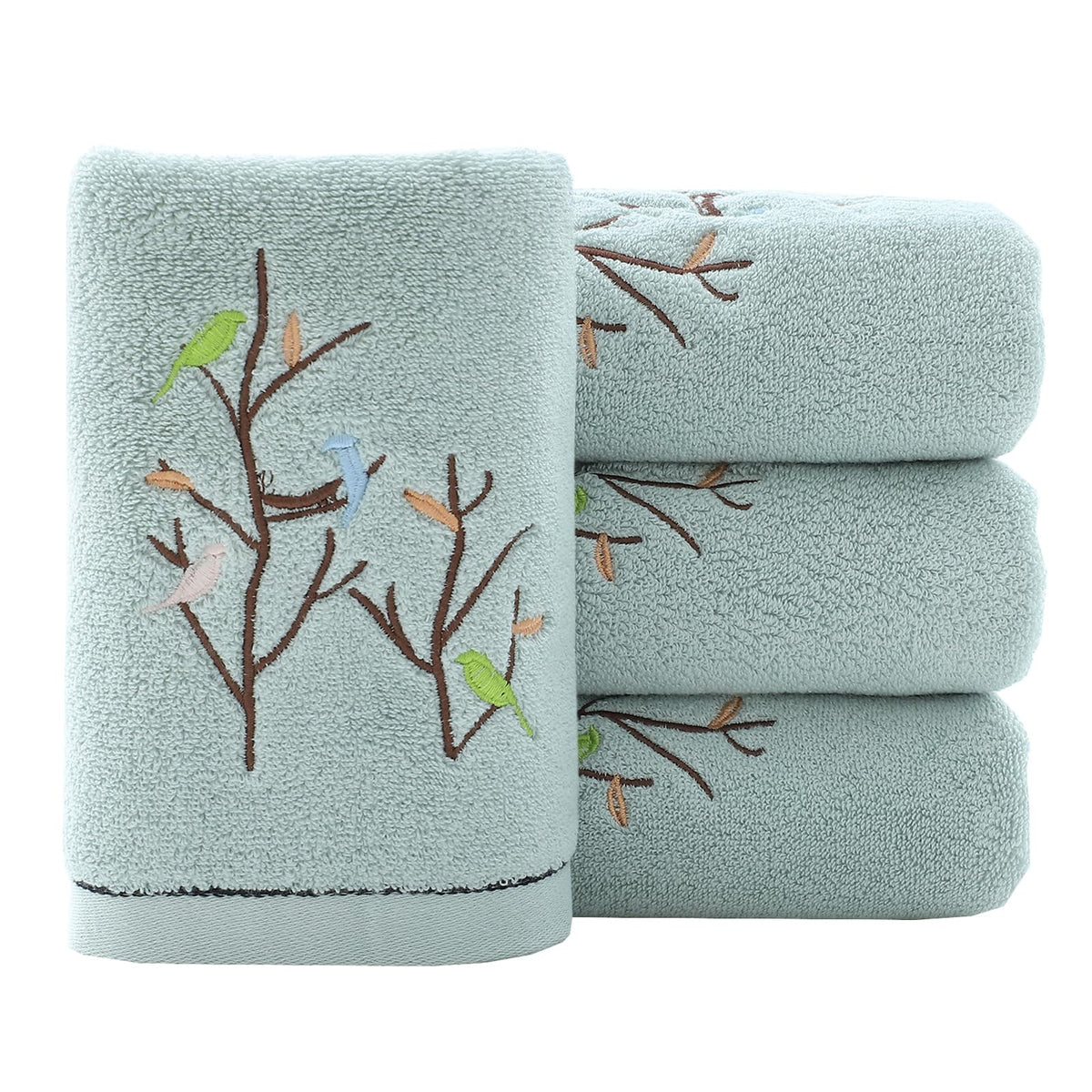 Pidada Hand Towels Set of 4 Embroidered Bird Tree Pattern 100% Cotton Absorbent Soft Decorative Towel for Bathroom 35 x 75 cm (Aqua Green)