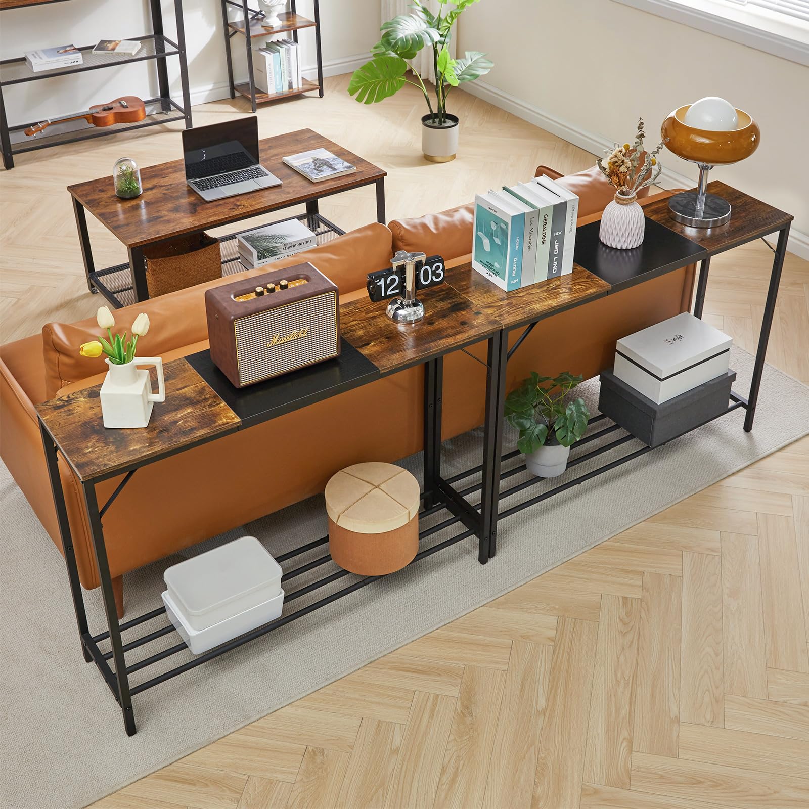 YMYNY Console Table Narrow Sofa Table Rustic Brown and Black HST006HB