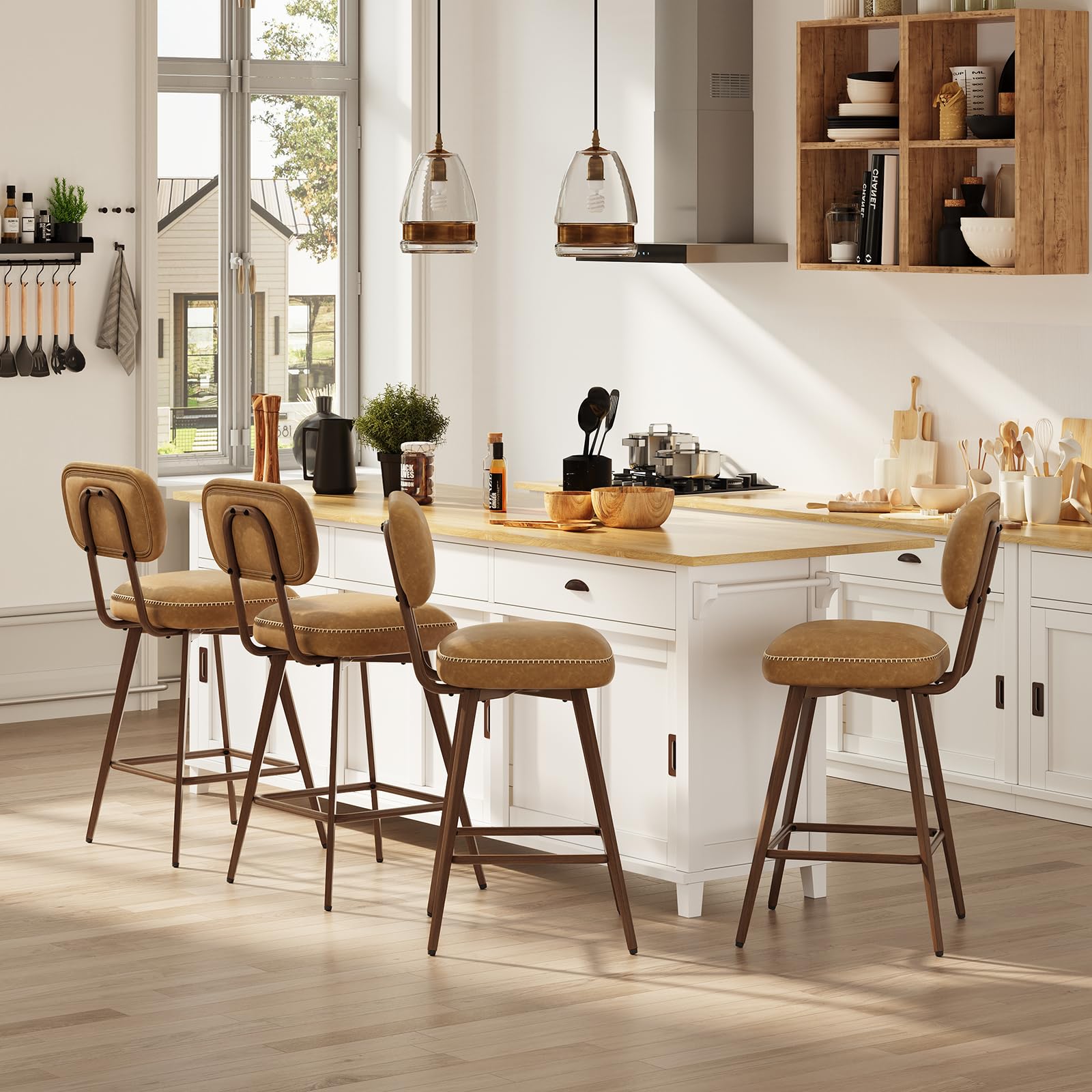 MALOL PU Leather Breakfast Bar Stools Set of 4, Swivel Kitchen Bar Chairs with Backrest and Metal Legs