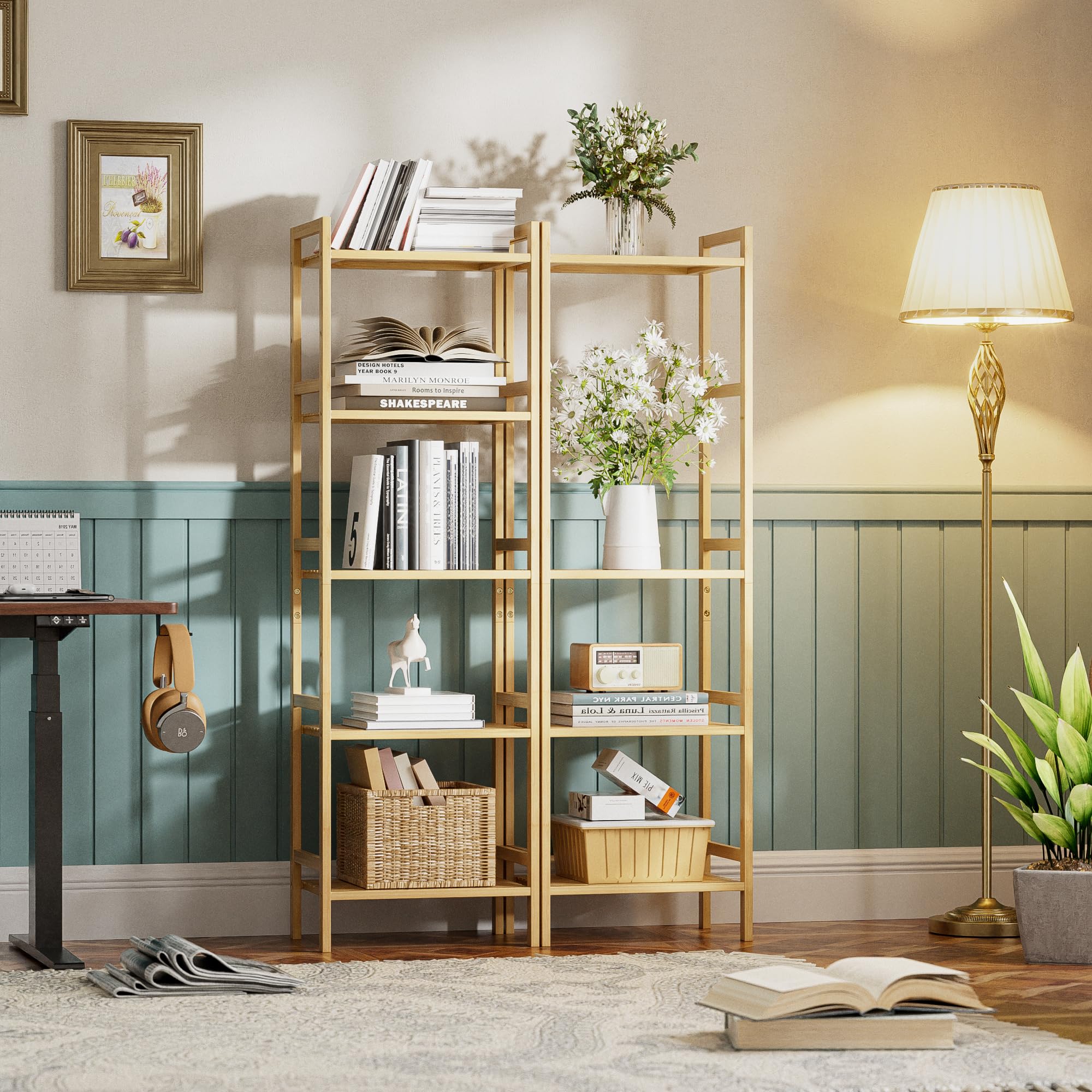 HITNET 5-Tier Bamboo Bookshelf, Tall Narrow Adjustable Bookcase, Freestanding Storage Shelf Unit for Living Room, Bathroom, Kitchen, Natural