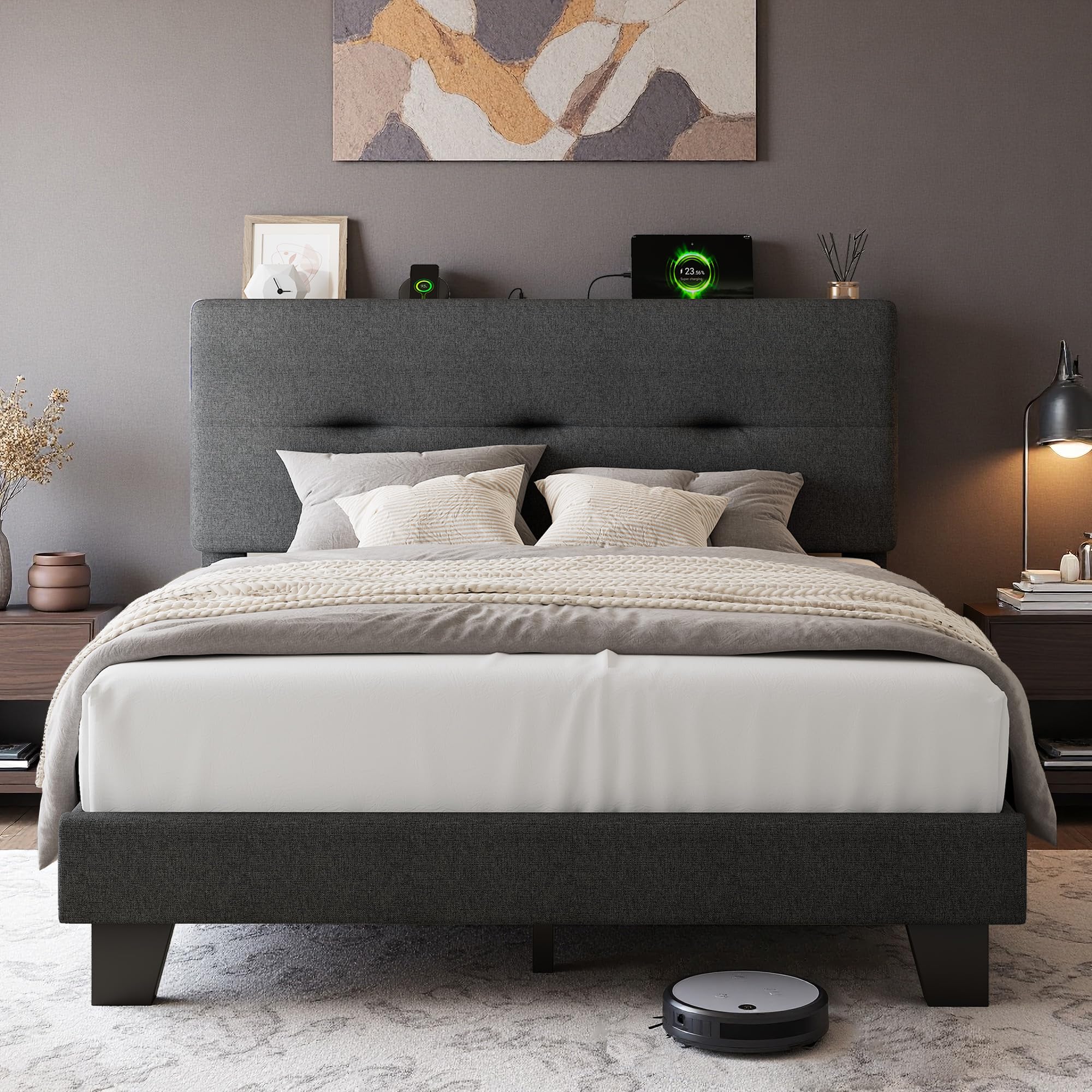 Feonase 4ft Double Bed Frame with Storage Linen Headboard, Upholstered Bedframe double bed with Charging Station, Sturdy Wooden Slat Support