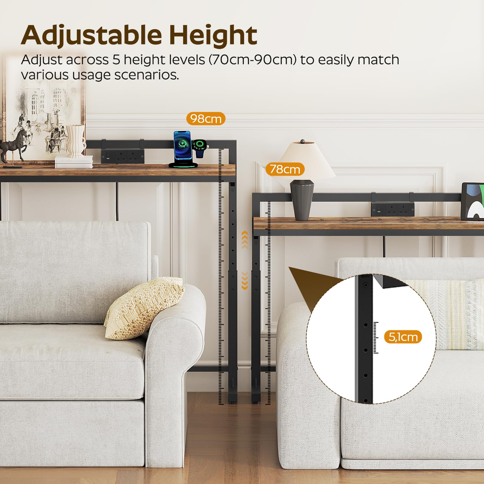 YATINEY 200 cm Slim Console Table with Adjustable Height (70 cm-90 cm), Behind Sofa Table Skinny with Outlet, Long Entryway Table