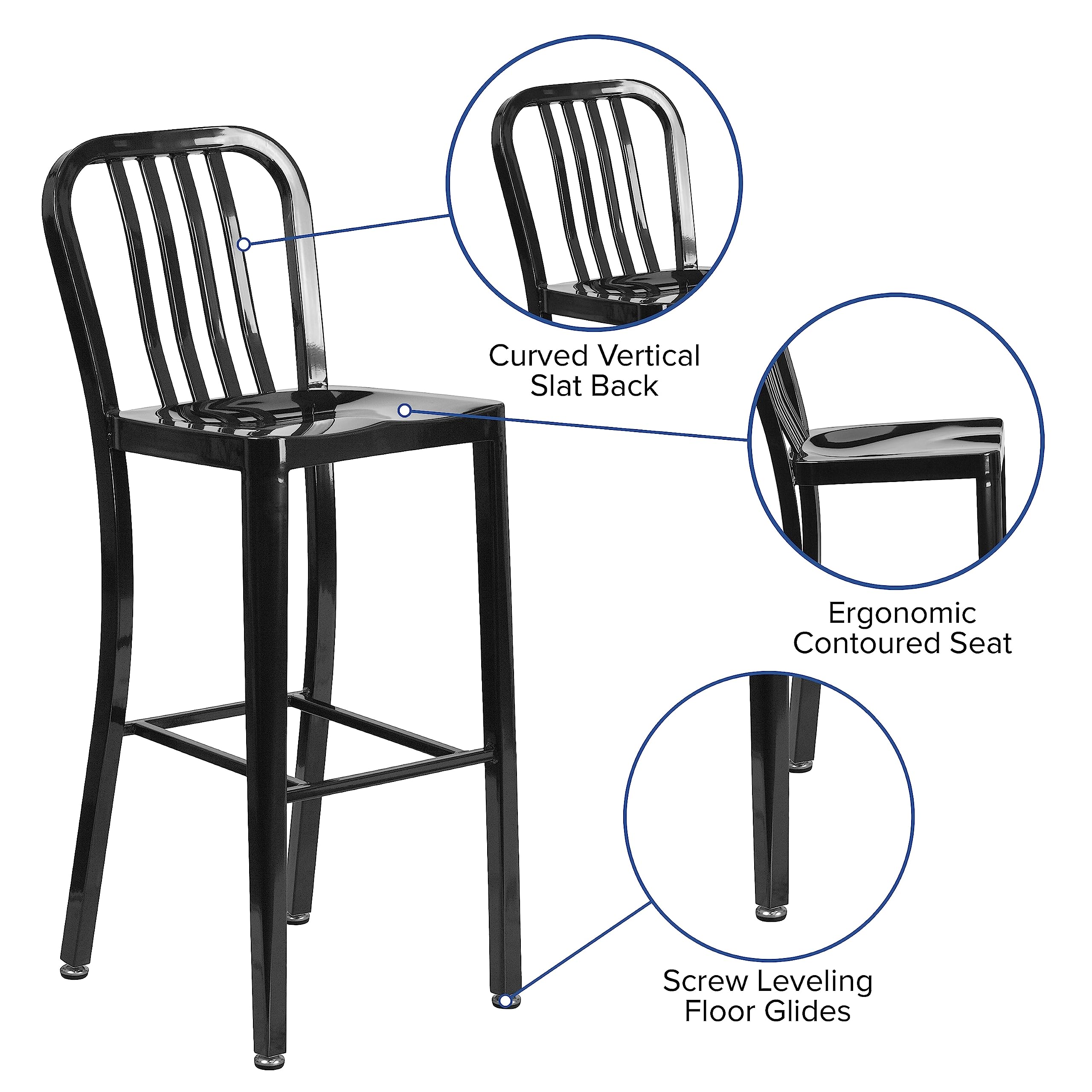 Flash Furniture Commercial Grade 2 Pack 30" High Black Metal Indoor-Outdoor Barstool with Vertical Slat Back