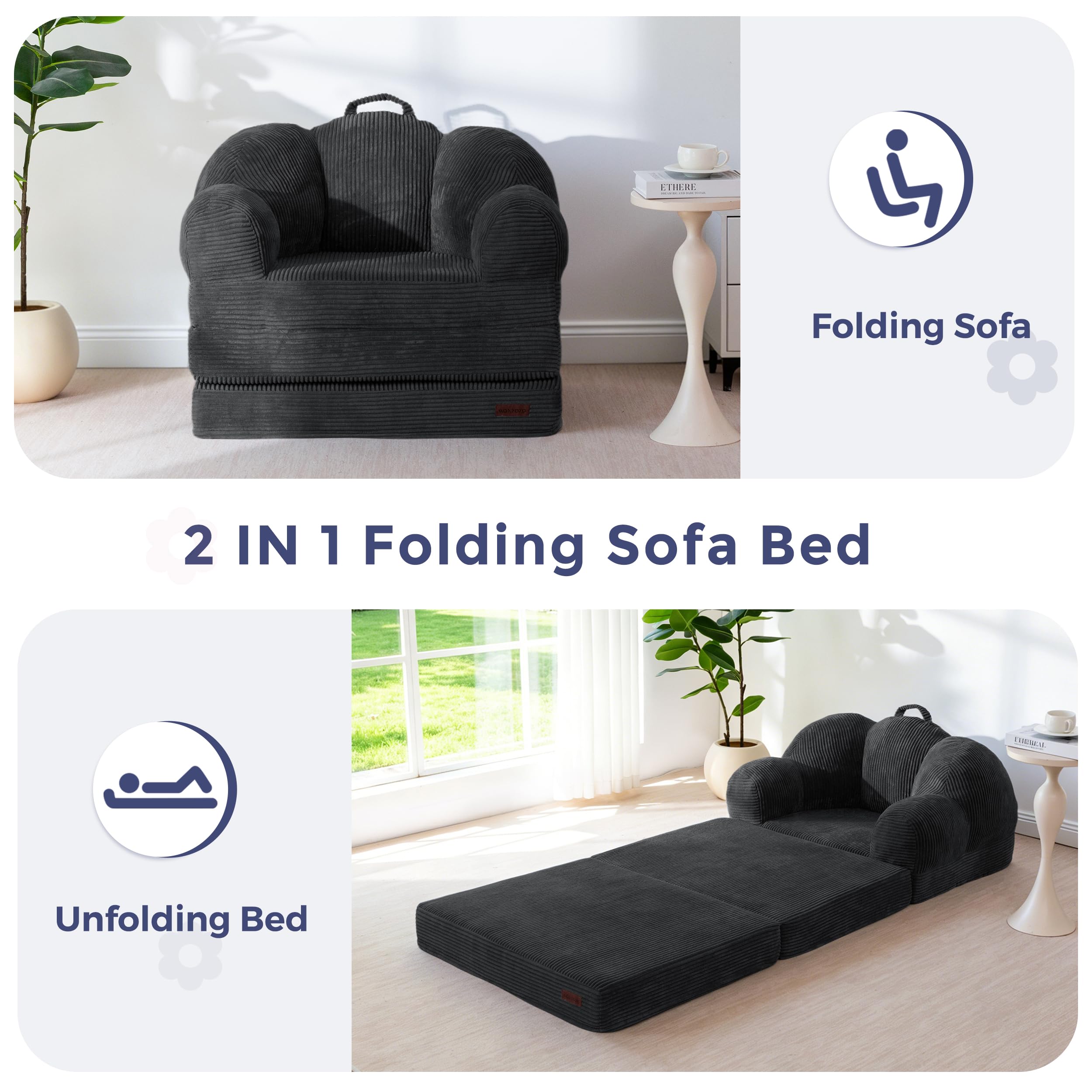 MAXYOYO Folding Sofa Bed with Backrest, Floral Shaped 2 in 1 Convertible Sofa to Comfy Faux Fur Bean Bag Chair for Adults