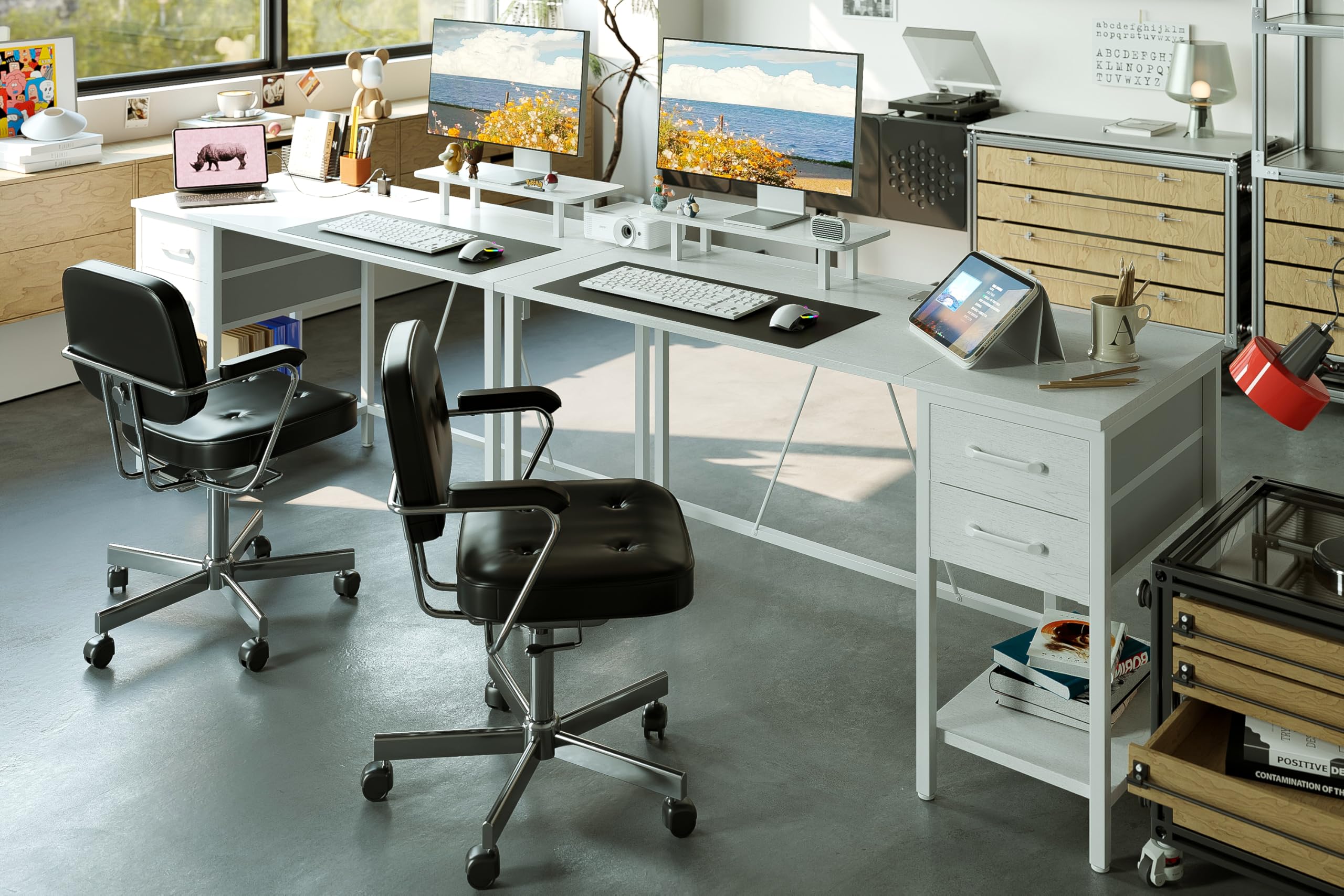 Xyphren 100cm Computer Desk with Drawers & Power Outlets, Office Desk with Storage Monitor Stand, Reversible Small Desks for Home Office Bedroom