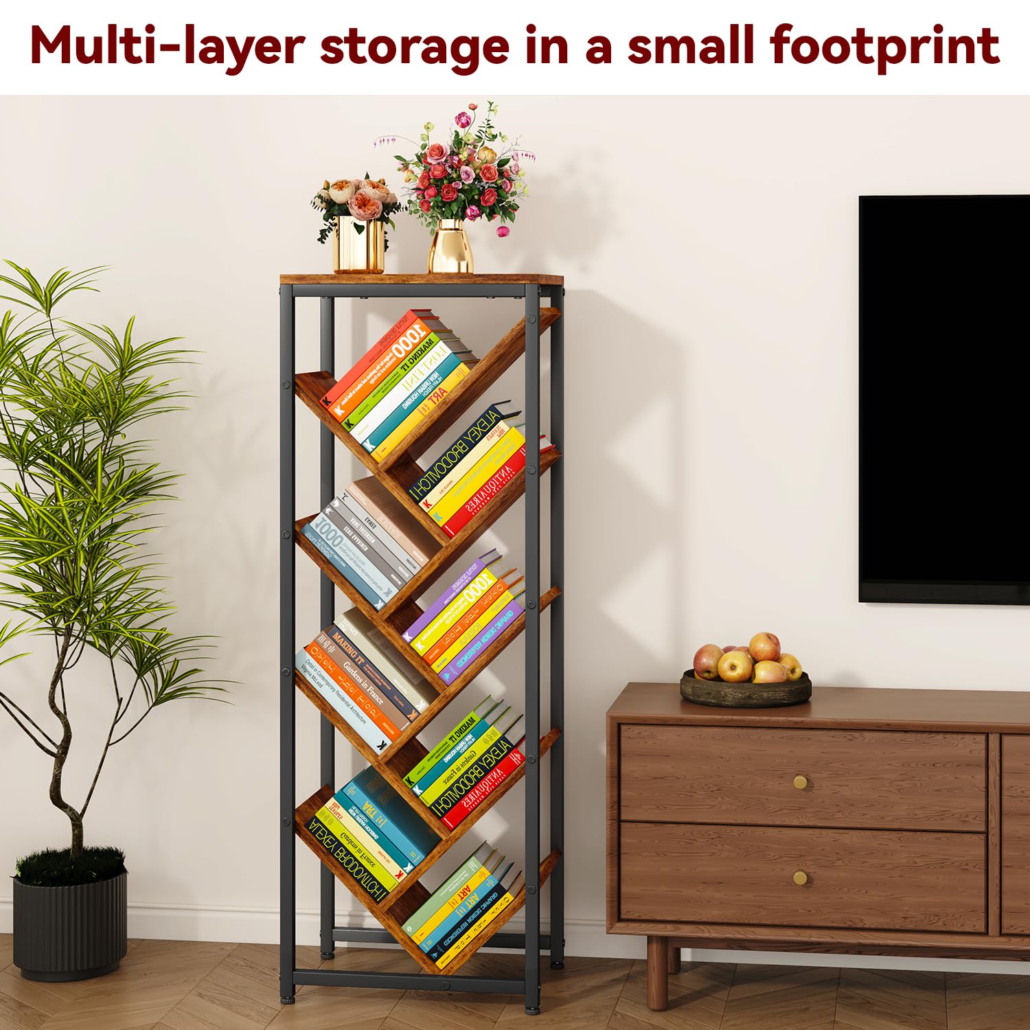 IBUYKE 9 Tier Tree Bookshelf with Top Shelf,Brown TBC002H