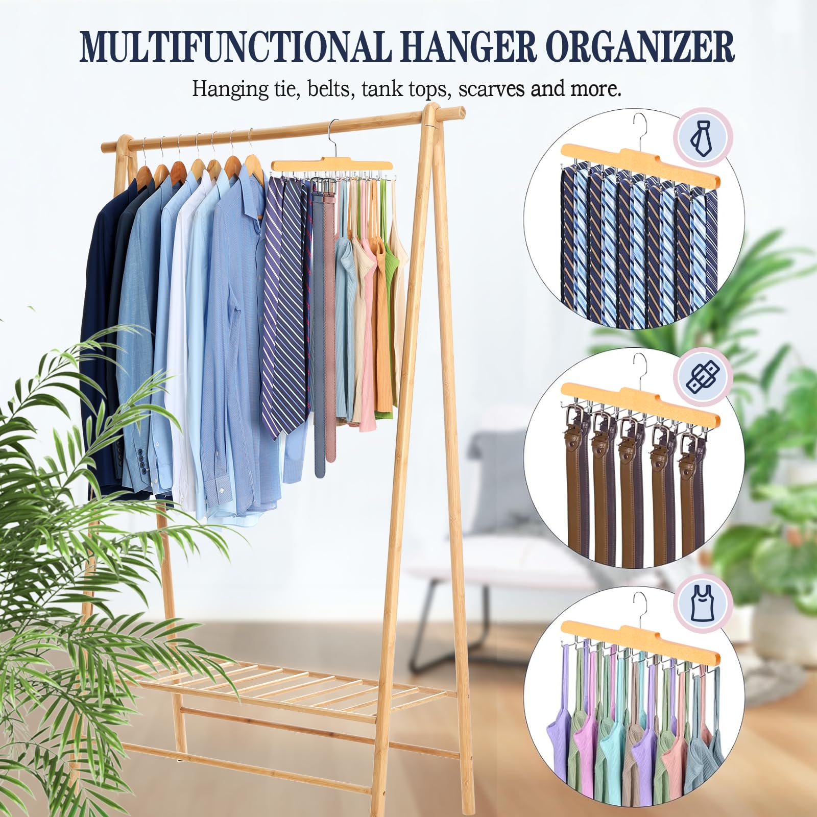 Tie Rack Hanger for Wardrobe, Upgraded Belt Hanger for Men, Wood, 2 Pack