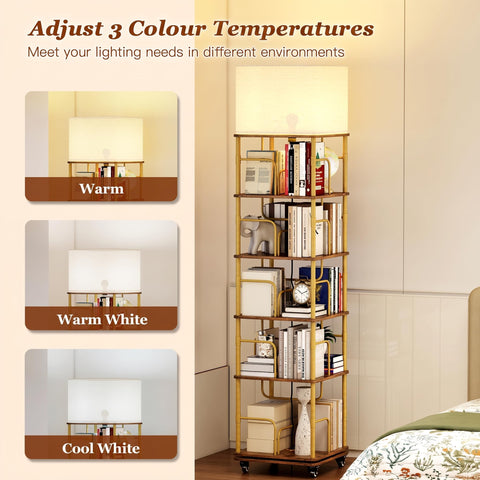Quikraen 5-tier Revolving Bookcase with LED and Lockable Castors，Gold+Brown