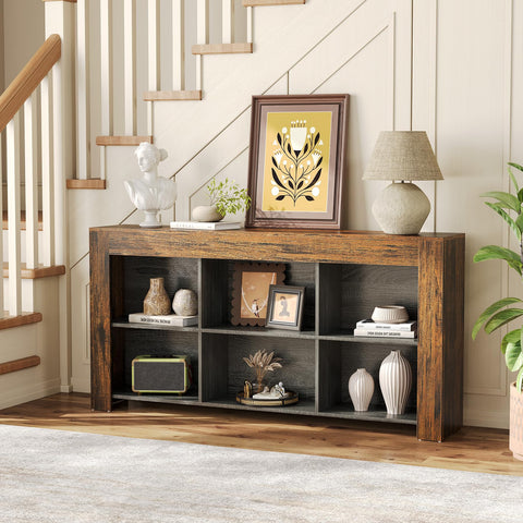 LITTLE TREE Console Table with Storage, 63-Inch Narrow Long Sofa Table, Entryway Table with 6 Cubes, Farmhouse Storage Shelves for Entryway