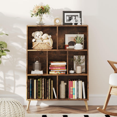 CAIYUN 7 Cube Bookshelf, 3 Tier Modern White Bookcase with Legs, 31 inch Wooden Book Shelf, Toy Storage Organizer