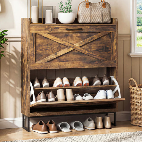 BonVache Rustic Shoe Cabinet 80cm Width For Hallway, Brown Cabinet Shoes with 2 Drawer Can Storage 16-20 Pairs of Shoes