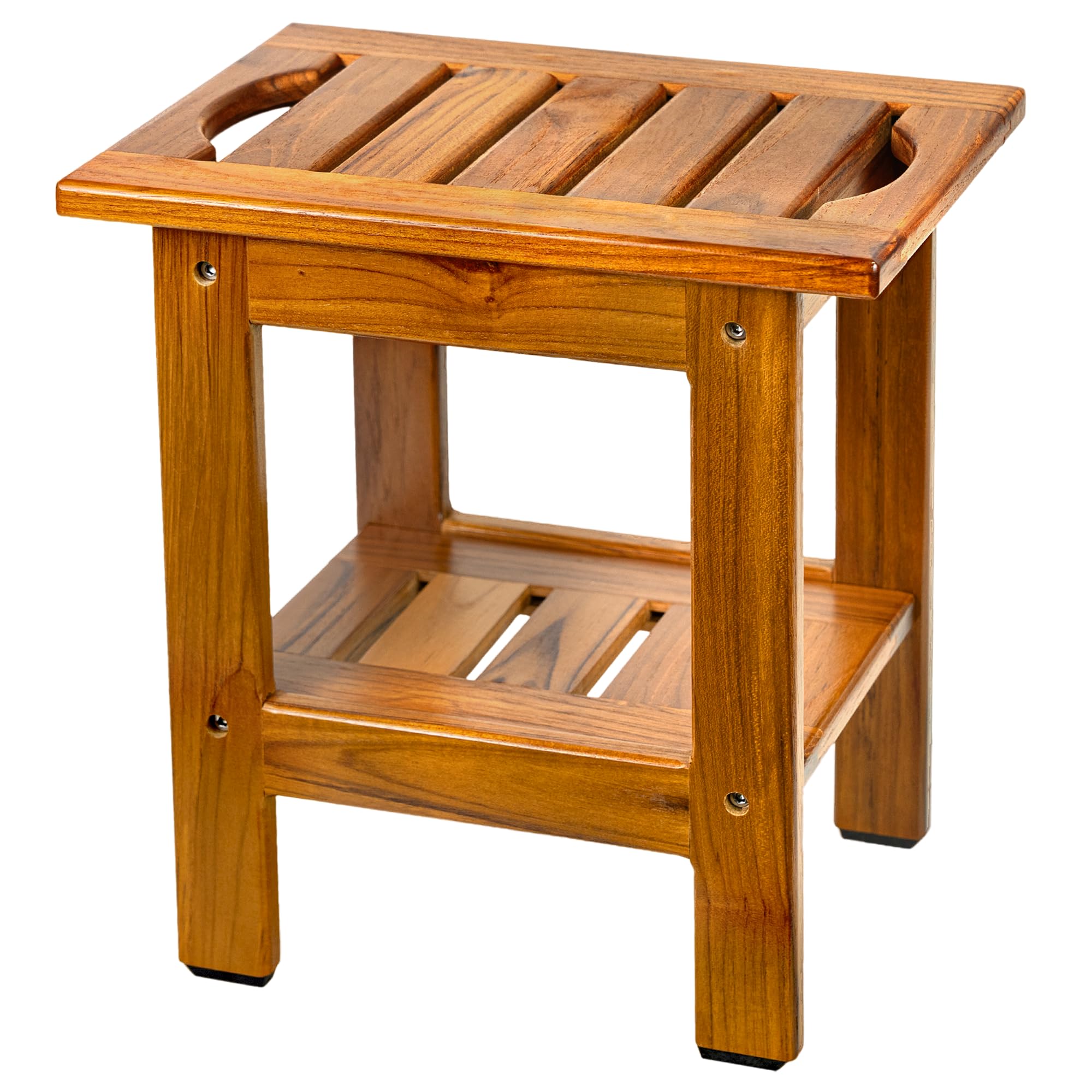 VaeFae Teak Small Shower Bench, 2-Tier Stool with Shelf & Non-Slip Feets