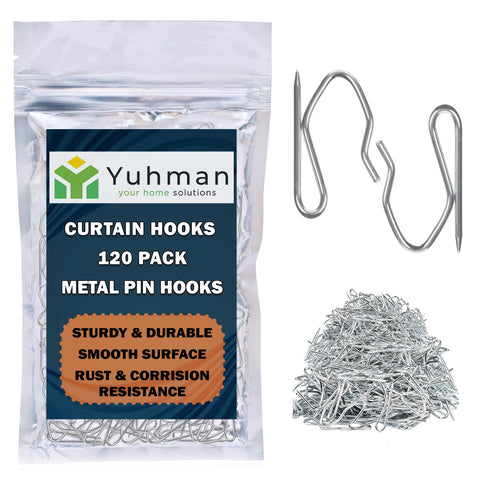 Yuhman 120 Pack Metal Curtain Hooks – 3.3cm x 2.1cm Stainless Steel Pinch Pleat Curtain Hooks & Heavy-Duty Pin Hook– Ideal for Windows Curtains