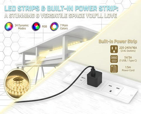 Xyphren L Shaped Gaming Desk with RGB LED Lights & Power Outlets, Small Computer Desk with Adjustable Shelves