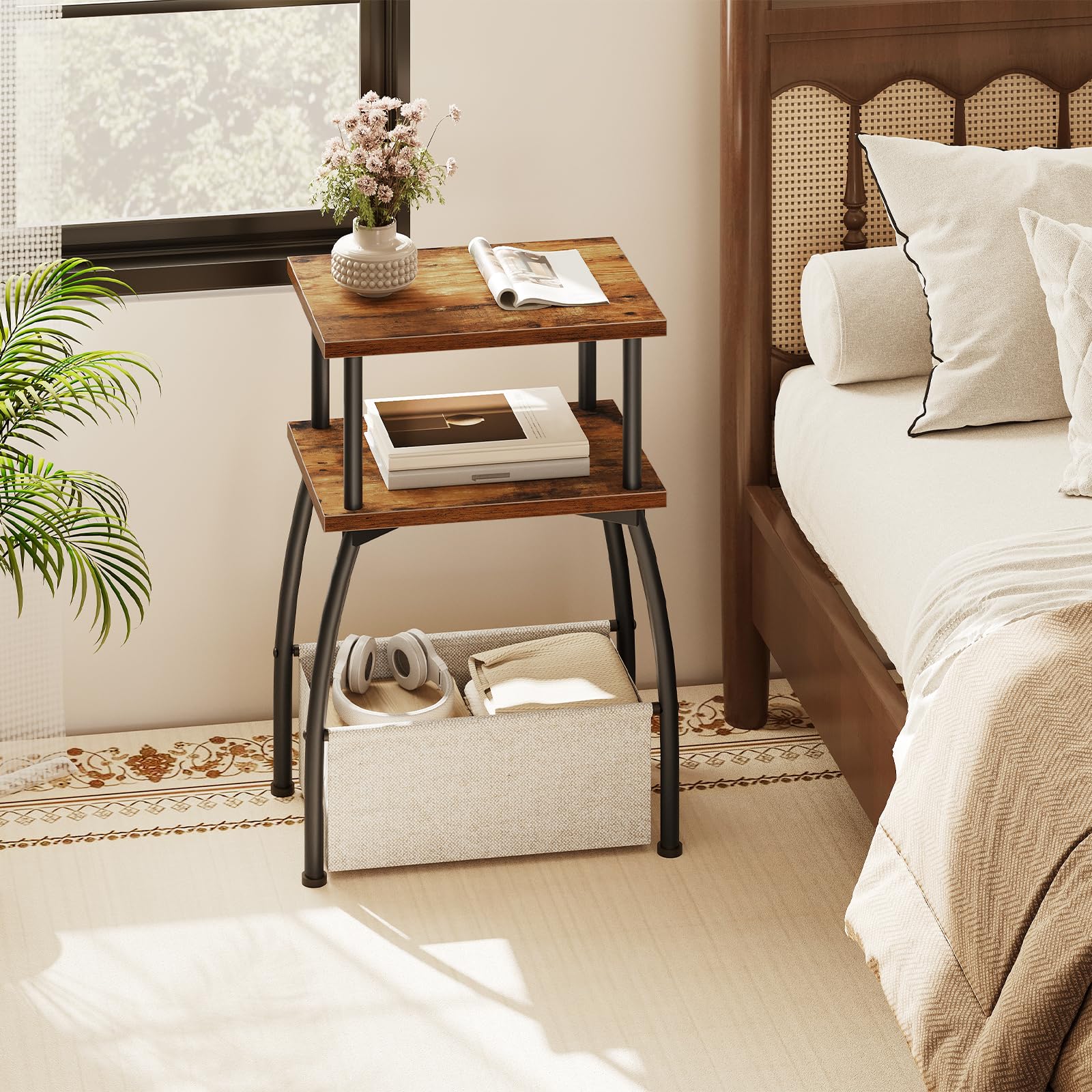 HOOBRO Narrow Side Table, 3-Tier Small Table with Linen Storage Basket, Sofa Side Tables for Small Space