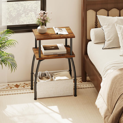 HOOBRO Narrow Side Table, 3-Tier Small Table with Linen Storage Basket, Sofa Side Tables for Small Space