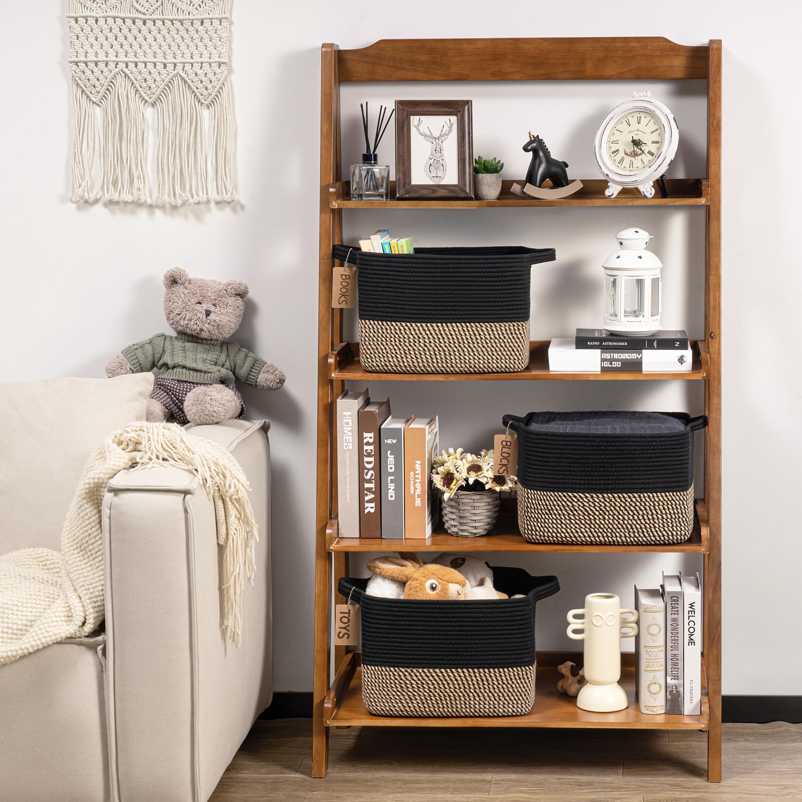TIMEYARD Cotton Rope Storage Basket Square Shelf Basket Black Jute