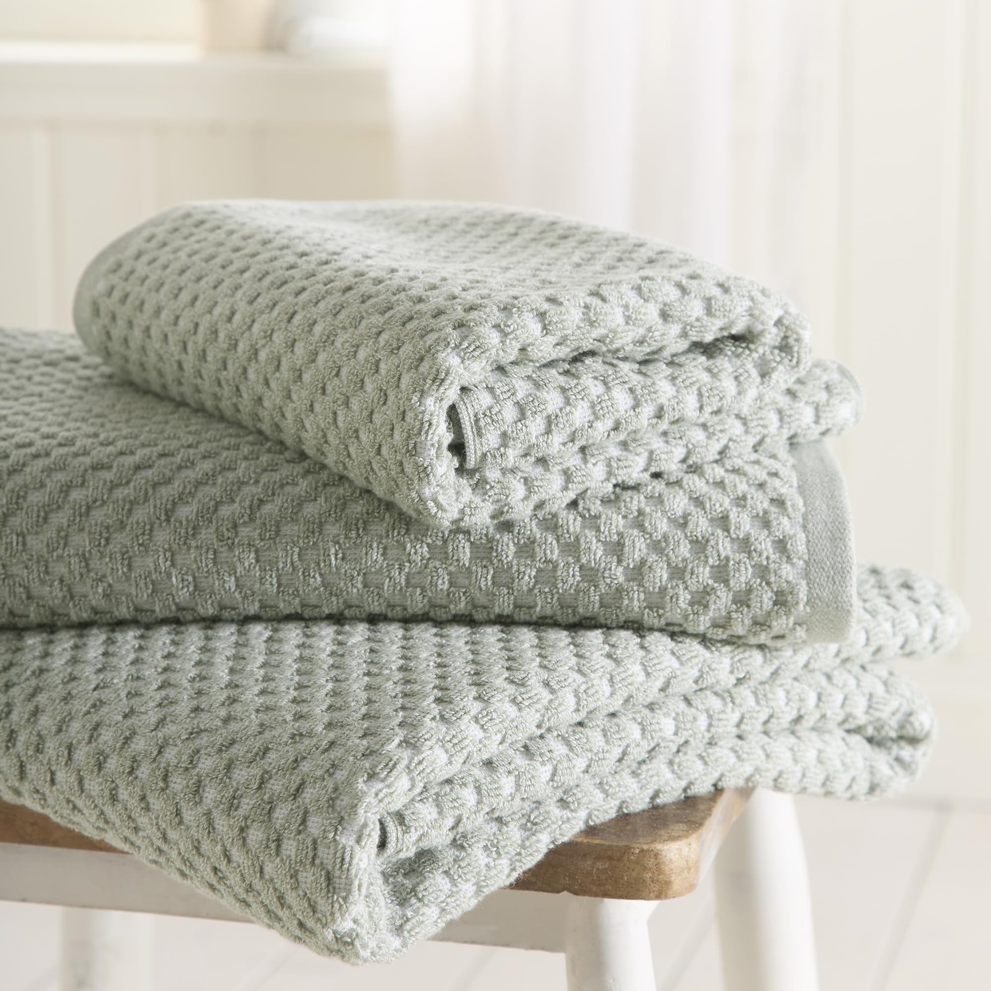Dreams & Drapes Popcorn Check Hand Towel Green – Soft Absorbent 100% Cotton Jacquard Check Bathroom Towel, Quick‑Dry